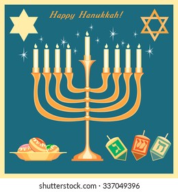 Happy Hanukkah greeting card design. Vector illustration.