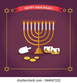 Happy Hanukkah greeting card design. Vector illustration