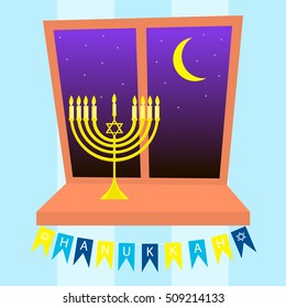 Happy Hanukkah greeting card design. Candlestick stands on the windowsill