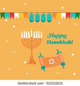 Happy Hanukkah greeting card design. Vector illustration