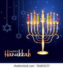 Happy Hanukkah Greeting Card Design With Shiny Menorah.