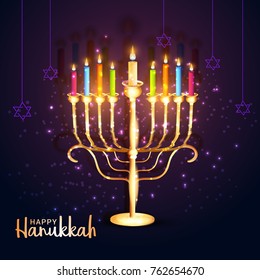 Happy Hanukkah Greeting Card Design With Shiny Menorah