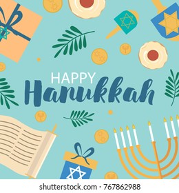 Happy Hanukkah greeting card design. Vector illustration