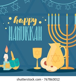 Happy Hanukkah greeting card design. Vector illustration