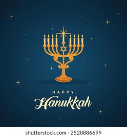 Happy Hanukkah Grußkarte mit einer goldenen Inschrift und einer goldenen Menorah mit brennenden Kerzen. Feiern Sie Hanukkah mit diesem traditionellen israelischen Candelabrum, perfekt für festliche Dekoration.Vektor