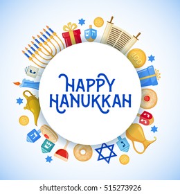 Happy Hanukkah greeting card in flat style isolated. Traditional Hanukkah symbols. Vector illustration.