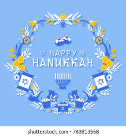 Happy Hanukkah greeting card in flat style isolated. Traditional Hanukkah symbols. Vector illustration