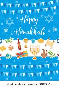 Happy Hanukkah greeting card, flyer, poster. Template for your invitation design. With menorah, sufganiyot, bunting, dreidel, coins, oil. Jewish holiday. Vector illustration