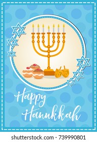 Happy Hanukkah greeting card, flyer, poster. Template for your invitation design. With menorah, sufganiyot, bunting, dreidel, coins, oil. Jewish holiday. Vector illustration