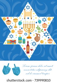 Happy Hanukkah greeting card, flyer, poster. Template for your invitation design. With menorah, sufganiyot, bunting, dreidel, coins, oil. Jewish holiday. Vector illustration