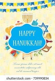 Happy Hanukkah greeting card, flyer, poster. Template for your invitation design. With menorah, sufganiyot, bunting, dreidel, coins, oil. Jewish holiday. Vector illustration