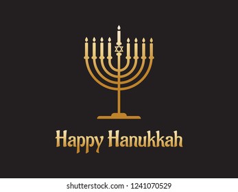 Happy Hanukkah greeting card with gold menorah on black background