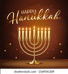 Happy Hanukkah Grußkarte mit goldener Inschrift und goldener realistischer Menorah, Kerzenhalter mit brennenden Kerzen, Hanukkah-Feier, Candelabrum, traditionelles Israel-Dekor, Vektorgrafik