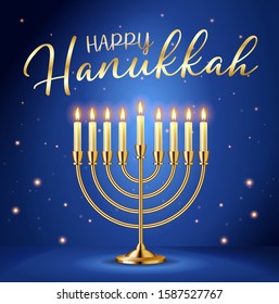 Happy Hanukkah greeting card with gold inscription and Golden realistic menorah, candlestick with burning candles, Hanukkah celebration, candelabrum, traditional Israel decoration, vector illustration