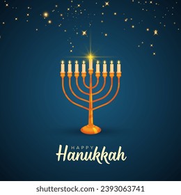 Happy Hanukkah greeting card with gold inscription and Golden menorah, candlestick with burning candles, Hanukkah celebration, candelabrum, traditional Israel decoration, vector illustration