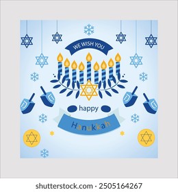 Happy Hanukkah greeting card with gold inscription and candlestick with burning candles, Happy Hanukkah,Hanukkah celebration,Vector Hanukkah background.