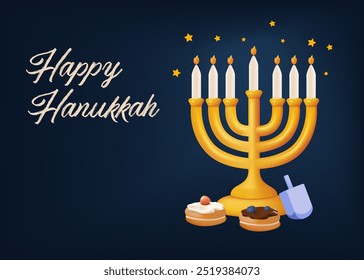 Tarjeta de felicitación feliz de Janucá con inscripción de oro y menorá de oro, candelabro con velas encendidas, celebración de Janucá, candelabro, decoración tradicional de Israel, Ilustración vectorial en 3D