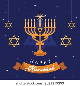 Happy Hanukkah Grußkarte mit goldener Inschrift und goldener realistischer Menorah, Kerzenständer mit brennenden Kerzen, Hanukkah-Feier, Candelabrum, Tradition Israel Dekoration, Vektorgrafik