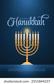 Happy Hanukkah greeting card with gold inscription and Golden menorah, candlestick with burning candles, Hanukkah celebration, candelabrum, traditional Israel decoration, vector illustration