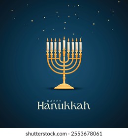 Happy Hanukkah greeting card with gold inscription and Golden menorah, candlestick with burning candles, Hanukkah celebration, candelabrum, traditional Israel decoration, vector illustration