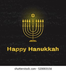 Happy Hanukkah greeting card with golden candles and inscription on black background. Vector illustration.