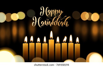 Happy Hanukkah Greeting Card Of Golden Font And Candles For Jewish Lights Festival Holiday Design Template. Vector Chanukah Or Hanukah Golden Calligraphy Text And Menorah Candelabrum Candle Light