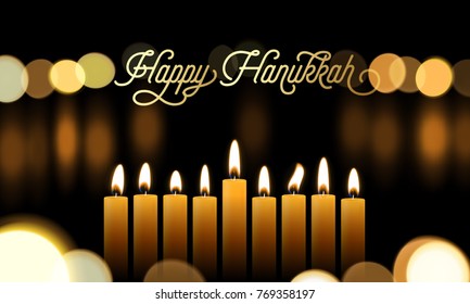 Happy Hanukkah greeting card of golden font and candles for Jewish holiday design background. Vector Chanukah or Hanukah lights festival golden calligraphy and menorah candelabrum bokeh light