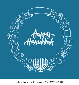 Happy Hanukkah greeting card. Hand drawn text with Jewish holiday symbols Hanukkah on blue background. Vector illustration