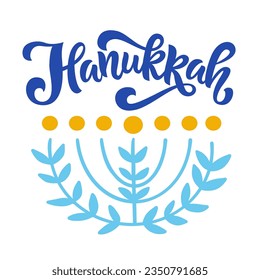 Happy Hanukkah greeting card with hand written modern brush lettering and menorah. Jewish holiday elegant banner template. Flyer, poster, label sticker, invitation design. Vector illustration