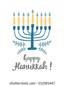 Happy Hanukkah greeting card with hand written modern brush lettering and menorah. Jewish holiday elegant banner template. Flyer, poster, label sticker, invitation design. Vector illustration