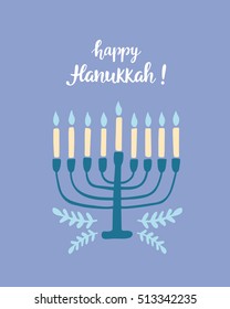 Happy Hanukkah greeting card with hand written modern brush lettering and menorah. Jewish holiday elegant banner template. Flyer, poster, label sticker, invitation design. Vector illustration