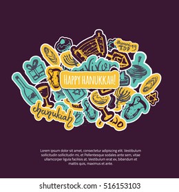 Happy Hanukkah greeting card with hand drawn elements and lettering on dark background. Menorah, Dreidel, candle, hebrew star for your design