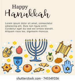 Happy Hanukkah greeting card with hand drawn icons. Banner, flyer template with traditional Hanukkah symbols: menorah, dreidel, torah and holiday food.