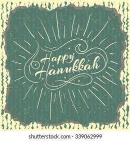 Happy Hanukkah greeting card with hand-drawn typography calligraphy old design in vintage style