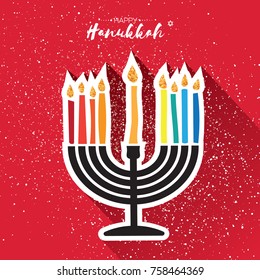 Happy Hanukkah Greeting card. Hanuka juish vector illustration. jewish menorah - traditional candelabra and burning candles. Hanuka candles symbol. Red background. Vector