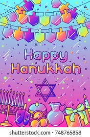 Happy Hanukkah greeting card with holiday objects.