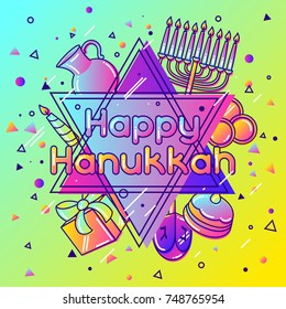 Happy Hanukkah greeting card with holiday objects.