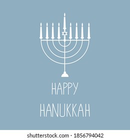 Happy hanukkah greeting card. Illustration of a menorah white silhouette on blue background.
