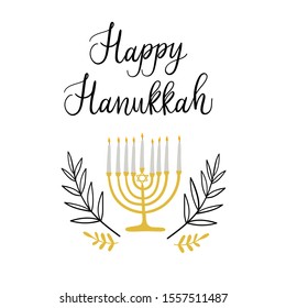 Happy Hanukkah greeting card, invitation with hand drawn candleholder. Vector illustration for Jewish Festival of light.