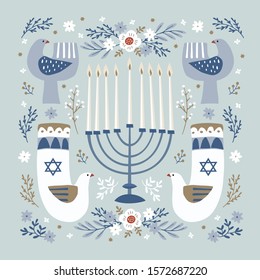 Happy Hanukkah greeting card, invitation with hand drawn candleholder, ornamental dove birds, David stars and flowers. Vector illustration for Jewish Festival of light. Floral decorative pattern.