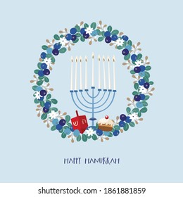 Happy Hanukkah greeting card, invitation with floral wreath and hand drawn candleholder. Doughnut with dreidel and  flowers. Vector illustration for Jewish Festival of light. Floral decorative garland