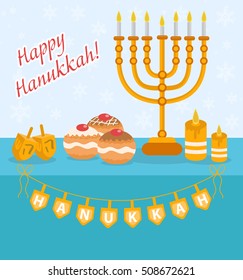 Happy Hanukkah greeting card, invitation, poster. Hanukkah Jewish Festival of Lights, Feast of Dedication. Hanukkah Greeting Card with Menorah, Sufganiyot, Dreidel. Vector illustration