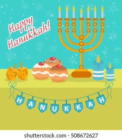 Happy Hanukkah greeting card, invitation, poster. Hanukkah Jewish Festival of Lights, Feast of Dedication. Hanukkah Greeting Card with Menorah, Sufganiyot, Dreidel. Vector illustration