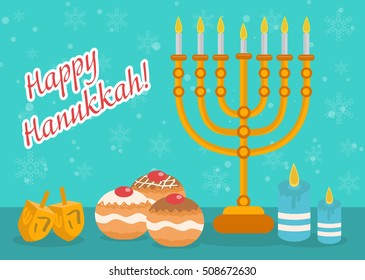 Happy Hanukkah greeting card, invitation, poster. Hanukkah Jewish Festival of Lights, Feast of Dedication. Hanukkah Greeting Card with Menorah, Sufganiyot, Dreidel. Vector illustration