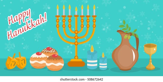 Happy Hanukkah greeting card, invitation, poster. Hanukkah Jewish Festival of Lights. Hanukkah Greeting Card with Menorah, Sufganiyot, Olives and Dreidel. Vector illustration