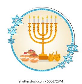 Happy Hanukkah greeting card, invitation, poster. Hanukkah Jewish Festival of Lights, Feast of Dedication. Hanukkah Greeting Card with Menorah, Sufganiyot, Dreidel. Vector illustration