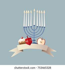 Happy Hanukkah greeting card, invitation with hand drawn ribbon banner, candleholder, dreidle and donut. Vector illustration for Jewish Festival of light.