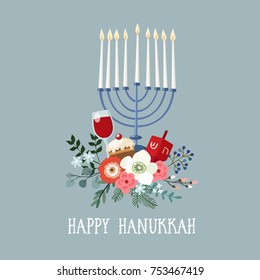 Happy Hanukkah greeting card, invitation with hand drawn candleholder, dreidle, donut and floral bouquet. Vector illustration for Jewish Festival of light.