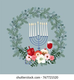 Happy Hanukkah greeting card, invitation with hand drawn candleholder, dreidle, donut and floral wreath. Vector illustration for Jewish Festival of light.