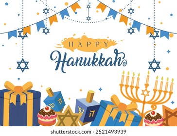 Glückliche Hanukkah-Grußkarte mit isometrischem Design mit Menora, Dreidel, Schokoladenmünzen und Gelee-Donuts auf weißem Hintergrund